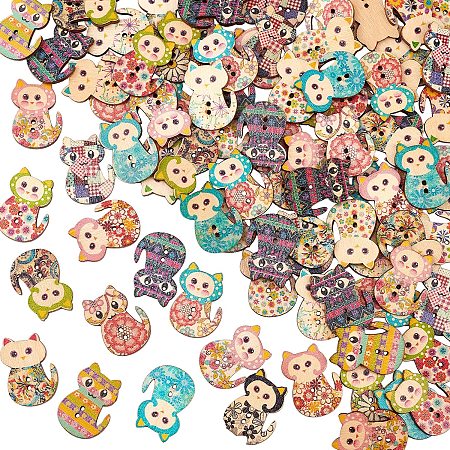 AHANDMAKER 100pcs Cat Wooden Buttons, 2-Hole Wood Printing Sewing Buttons Decorative Wooden Buttons for DIY Clothing Handmade Scrapbooking Craft