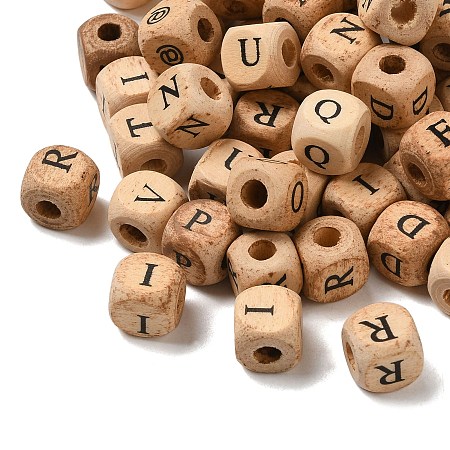 Honeyhandy (Defective Closeout Sale), Printed Natural Wood Beads, Horizontal Hole, Cube with Initial Letter, PapayaWhip, 10x10x9.5mm, Hole: 4mm, about 625pcs/500g