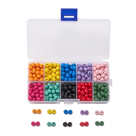 10 Colors Eco-Friendly Wood Beads Sets, Round, Dyed, Mixed Color, 7x6mm, Hole: 2mm, about 340~350pcs/box