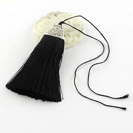 Honeyhandy Polyester Tassel Pendant Decorations with Antique Silver CCB Plastic Findings, Black, 80x20x11mm