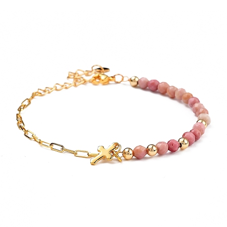 Honeyhandy Charm Bracelets, with Natural Rhodochrosite Beads, 304 Stainless Steel Cross Charms, Brass Paperclip Chains & Round Beads, 7-5/8 inch(19.3cm)
