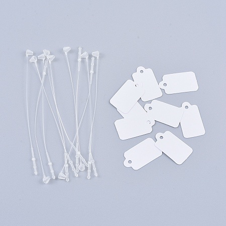 Honeyhandy Rectangle Jewelry Display Paper Price Tags, with Plastic Zip Ties Cable Ties, White, Tag: 23x13x0.2mm, Hole: 2mm, Cable Tie: 82x4mm, hole: 2mm, about 500sets/bag
