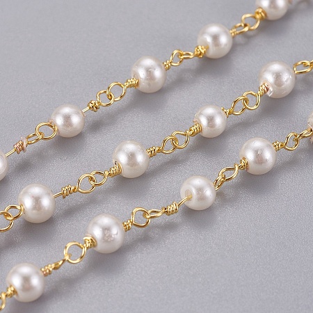 Honeyhandy 3.28 Feet Handmade Acrylic Imitaion Pearl Beaded Chains, Unwelded, with Brass Findings, Long-Lasting Plated, Round, with Spool, Floral White, Golden, 11.5x4~4.5mm
