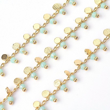 Arricraft 3.28 Feet Handmade Faceted Glass Beaded Chains, Soldered, with Brass Findings, Real 18K Gold Plated, Long-Lasting Plated, Light Cyan, 7~7.5x3x2~2.5mm