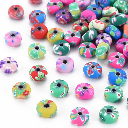Honeyhandy Handmade Polymer Clay Beads, Flat Round, Mixed Color, 6.5x3.5mm, Hole: 1.6mm
