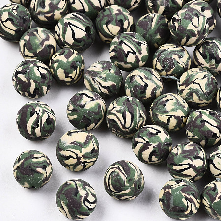 Honeyhandy Handmade Polymer Clay Beads, Camouflage Style, Round, Sea Green, 8~9mm, Hole: 1~1.5mm