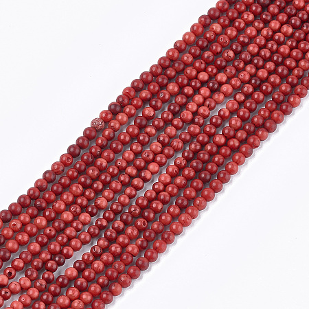 Sea Bamboo Coral(Imitation Coral) Beads Strands, Dyed, Round, FireBrick, 4mm, Hole: 0.6mm; about 100~108pcs/strand, 16.1 inches