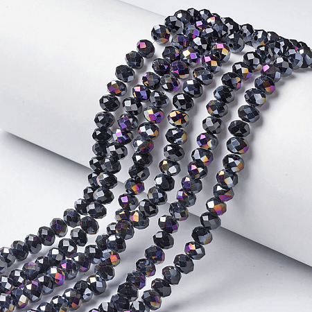 Honeyhandy Electroplate Opaque Glass Beads Strands, Half Purple Plated, Faceted, Rondelle, Black, 4x3mm, Hole: 0.4mm, about 145pcs/strand, 18.9 inch(48cm)