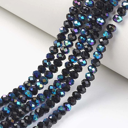 Arricraft Electroplate Opaque Solid Color Glass Beads Strands, Half Rainbow Plated, Faceted, Rondelle, Black, 4x3mm, Hole: 0.4mm, about 145pcs/strand, 18.9 inches(48cm)