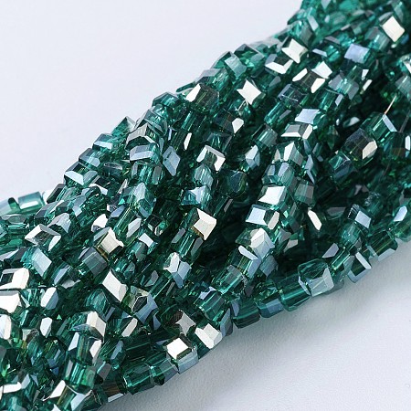 Honeyhandy Electroplate Glass Beads Strands, Half Rainbow Plated, Faceted, Cube, Sea Green, 2~2.5x2~2.5x2~2.5mm, Hole: 0.5mm, about 195~200pcs/strand, 16.9~17.5 inch(43~44.5cm)