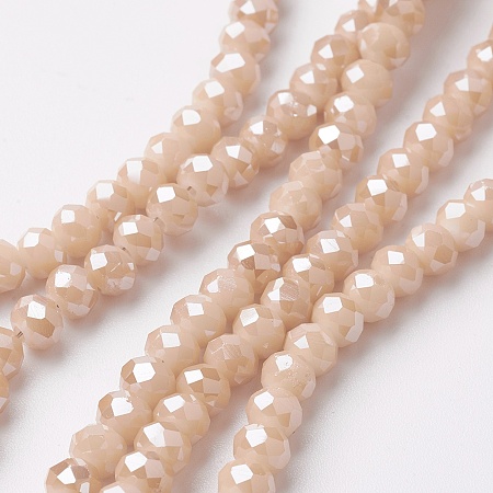 Honeyhandy Electroplate Glass Beads Strands, Pearl Luster Plated, Faceted, Rondelle, PeachPuff, 4~4.5x3mm, Hole: 0.5mm, about 130~135pcs/strand, 15.5~16 inch(39~40cm)