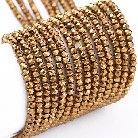 Arricraft Electroplate Glass Beads Strands, Full Plated, Faceted, Rondelle, Golden Plated, 2x1.5mm, Hole: 0.6mm, about 235~247pcs/Strand, 14.57~14.76 inches(37~37.5cm)