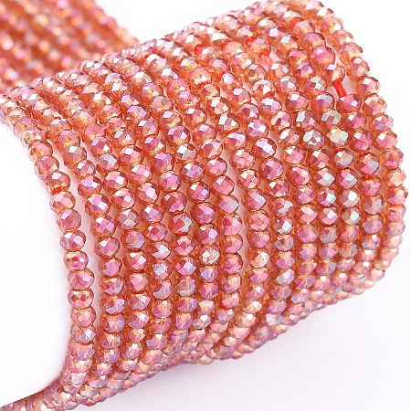 ARRICRAFT Electroplate Glass Beads Strands, Full Rainbow Plated, Faceted, Rondelle, Light Coral, 2x1.5mm, Hole: 0.6mm, about 235~247pcs/Strand, 14.57~14.76 inches(37~37.5cm)