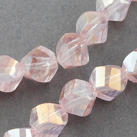 Honeyhandy Electroplate Glass Beads Strands, AB Color Plated, Faceted, Twist, Pearl Pink, 4x4x4mm, Hole: 1mm, about 100pcs/strand, 14 inch