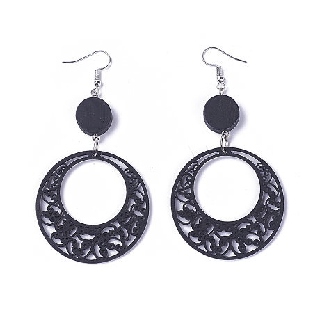 Honeyhandy Wood Dangle Earrings, with Platinum Tone Iron Earring Hooks, Flat Round, Black, 89mm, Flat Round: 14mm and 44mm, Pin: 0.5mm