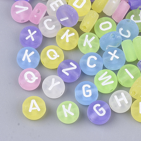 Honeyhandy Transparent Frosted Acrylic Beads, Horizontal Hole, Flat Round with Random Initial Letter, Mixed Color, 7x3.5mm, Hole: 1.2mm