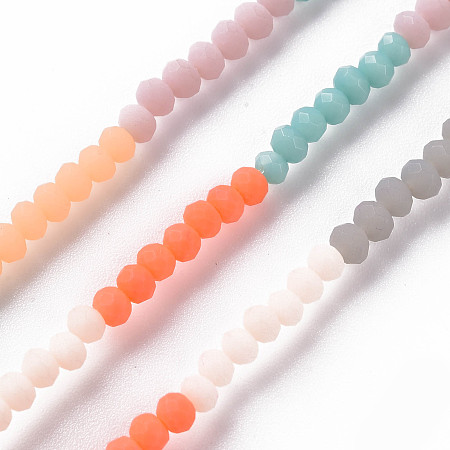 Honeyhandy Opaque 7 Colors Frosted Glass Beads Strands, Faceted Rondelle, Mixed Color, 3x2.5mm, Hole: 0.6mm, about 196~210pcs/strand, 17.32 inch~19.02 inch(44cm~48.3cm)