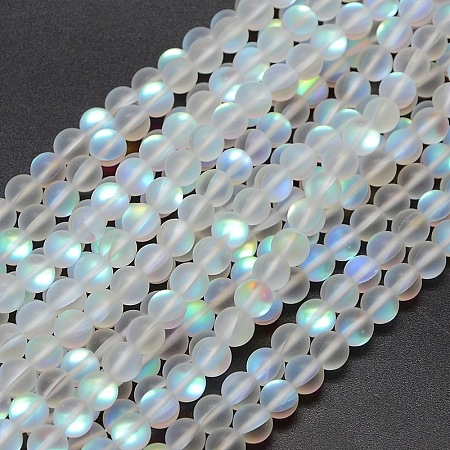 Synthetic Moonstone Beads Strands, Holographic Beads, Half AB Color Plated, Frosted, Round, White, 10mm, Hole: 1mm; about 40pcs/strand, 15 inches