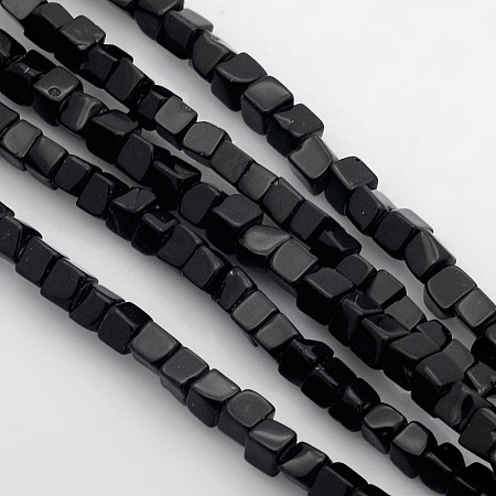 Honeyhandy Cube Natural Black Stone Beads Strands, 4x4x4mm, Hole: 1mm, about 85~100pcs/strand, 15.3 inch~15.8 inch