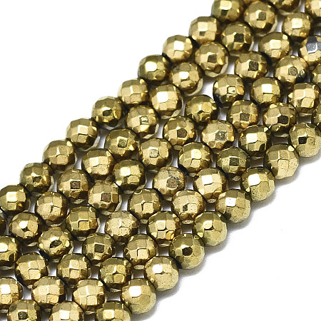 Arricraft Electroplate Non-magnetic Synthetic Hematite Beads Strands, Round, Faceted, Real 18K Gold Plated, 3mm, Hole: 0.8mm; about 120pcs/Strand, 15.75 inches(40cm)
