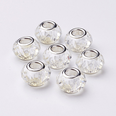 Honeyhandy Glass European Beads, Large Hole Beads, Faceted, Clear, with Iron Core in Silver Color Plated, Clear, 10x13mm, Hole: 5mm