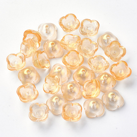Honeyhandy 4-Petal Transparent Spray Painted Glass Bead Caps, with Glitter Powder, Flower, Gold, 11.5x11.5x7mm, Hole: 1.6mm