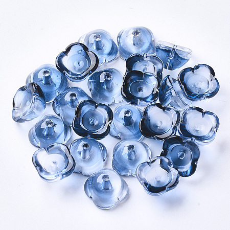 ARRICRAFT 4-Petal Two Tone Transparent Spray Painted Glass Bead Caps, Flower, Marine Blue, 11.5x11.5x7mm, Hole: 1.6mm