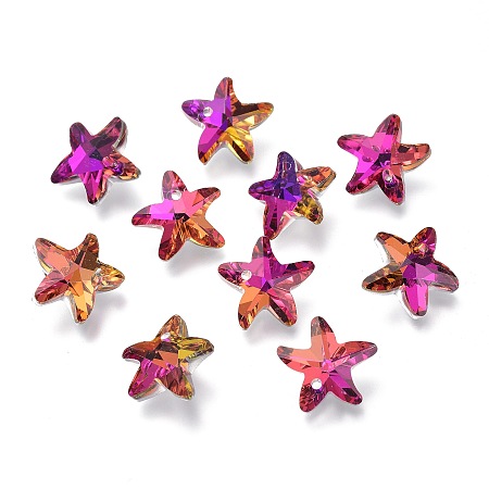 Honeyhandy Electroplate Glass Charms, Starfish, Faceted, Back Plated, Fuchsia, 14x15x7mm, Hole: 1.4mm