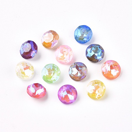 Honeyhandy Faceted Glass Pointed Back Rhinestone Cabochons, Mocha Fluorescent StyleFlat Round, Mixed Color, 6x4mm