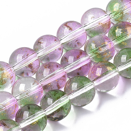 Honeyhandy Transparent Spray Painted Glass Bead Strands, with Golden Foil, Round, Medium Sea Green, 10~11mm, Hole: 1.4~1.6mm, about 39~42pcs/Strand, 14.84 inch~15.27 inch(37.7~38.8cm)