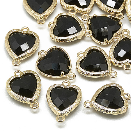 Honeyhandy Glass Links connectors, with Golden Tone Brass Findings, Faceted, Heart, Black, 15x10x3mm, Hole: 1mm