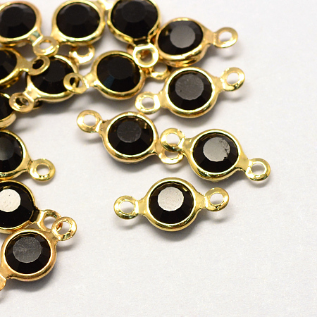 Honeyhandy Transparent Glass Links connectors, with Brass Findings, Faceted Flat Round, Black, 13.5x6.5x3mm, Hole: 1.5mm
