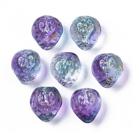 Transparent Spray Painted Glass Beads, with Golden Foil, Half Drilled, Textured, Strawberry Shape, Blue Violet, 13x11x10mm, Hole: 1mm