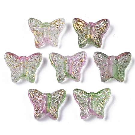 Arricraft Transparent Spray Painted Glass Beads, with Golden Foil, Butterfly, Medium Sea Green, 12.5x15.5x5mm, Hole: 1mm