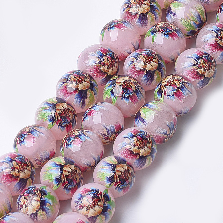 NBEADS Printed & Spray Painted Imitation Jade Glass Beads, Round with Flower Pattern, Colorful, 12~12.5x11.5mm, Hole: 1.4mm