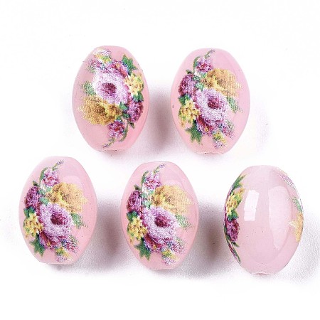 Arricraft Printed & Spray Painted Imitation Jade Glass Beads, Oval with Floral Pattern, Pink, 13.5~15x10mm, Hole: 1.6mm