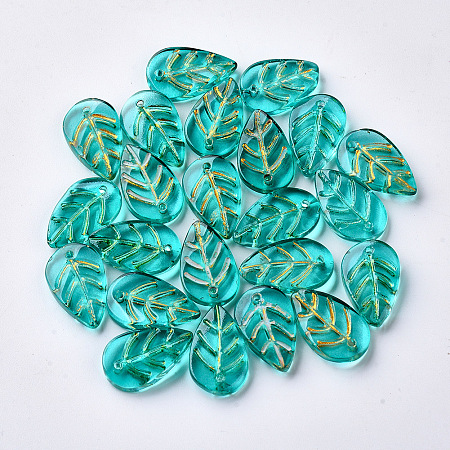 Nbeads Transparent Spray Painted Glass Pendants, with Glitter Powder, Leaf, LightSeaGreen, 18x11x3.5mm, Hole: 1.2mm