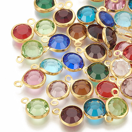 Honeyhandy Glass Charms, with 304 Stainless Steel Finding, Flat Round, Faceted, Golden, Mixed Color, 12x8.5x4mm, Hole: 1.5mm