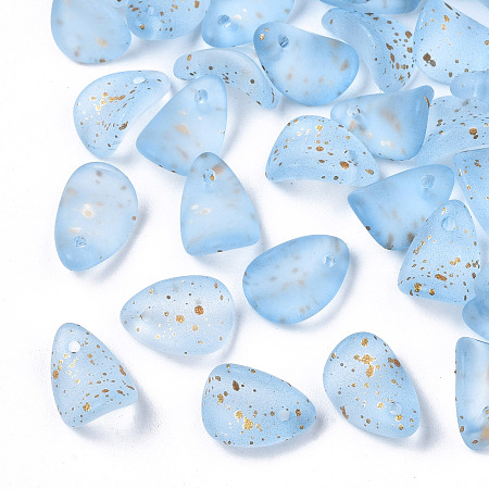 Honeyhandy Transparent Spray Painted Glass Charms, with Gold Foil, Frosted, Petaline, Light Sky Blue, 12x8x4.5mm, Hole: 1mm