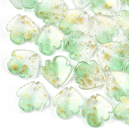 ARRICRAFT Two Tone Transparent Spray Painted Glass Charms, with Glitter Powder, Frosted, Flower, Light Green, 15x15x4mm, Hole: 1.2mm