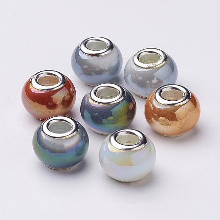 Honeyhandy Electroplate Imitation Jade Glass  European Beads, with Silver Color Plated Brass Double Core, Full Rainbow Plated, Large Hole Rondelle Beads, Mixed Color, 14~15x11mm, Hole: 4.5~5mm