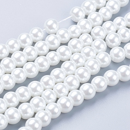 Arricraft White Glass Pearl Round Loose Beads For Jewelry Necklace Craft Making, 6mm, Hole: 1mm, about 140pcs/strand