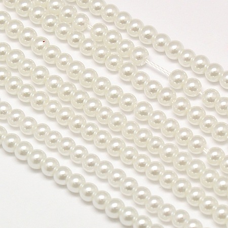 Arricraft Eco-Friendly Dyed Glass Pearl Round Bead Strands, Cotton Cord Threaded, White, 4~4.5mm, Hole: 0.7~1.1mm, about 104pcs/strand, 15 inches