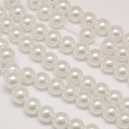 Arricraft Eco-Friendly Dyed Glass Pearl Round Bead Strands, Cotton Cord Threaded, White, 8mm, Hole: 0.7~1.1mm, about 52pcs/strand, 15 inches