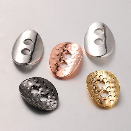 Honeyhandy Brass Buttons, 2-Hole, Hammered Oval, Mixed Color, 14x10x1mm, Hole: 2mm