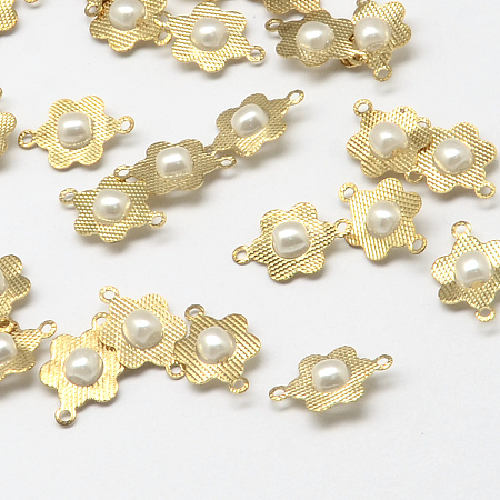 Arricraft Golden Tone Brass Flower Links/Connectors, with ABS Plastic Imitation Pearl Beads, White, 14x9x4mm, Hole: 1~2mm