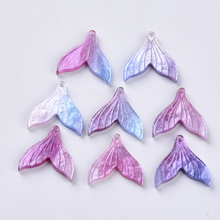 Arricraft Cellulose Acetate(Resin) Pendants, with Glitter Powder, Rainbow Gradient Mermaid Pearl Style, Mermaid Tail Shape, Colorful, 19x19x3mm, Hole: 1.2mm