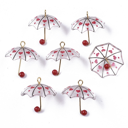 ARRICRAFT Printed Acrylic Pendants, with ABS Plastic Imitation Pearl and Golden Plated Brass Loops, Umbrella with Heart Pattern, Red, 20~21x20x20mm, Hole: 1.6mm