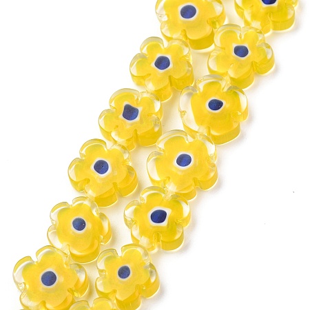 Honeyhandy Handmade Millefiori Glass Bead Strands, Flower, Yellow, 10~12x4mm, Hole: 1mm, about 35~38pcs/strand, 16 inch