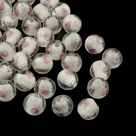 Honeyhandy Handmade Luminous Inner Flower Lampwork Beads, Round, White, 8mm, Hole: 1mm